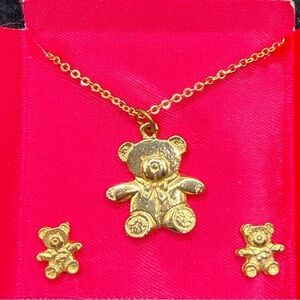 Vintage Gold Tone Teddy Bear Necklace & Earrings Set